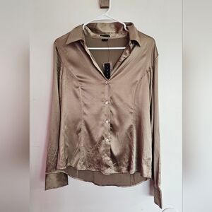 New Theory Britta Brown Button Down Top Silk Blouse NWT